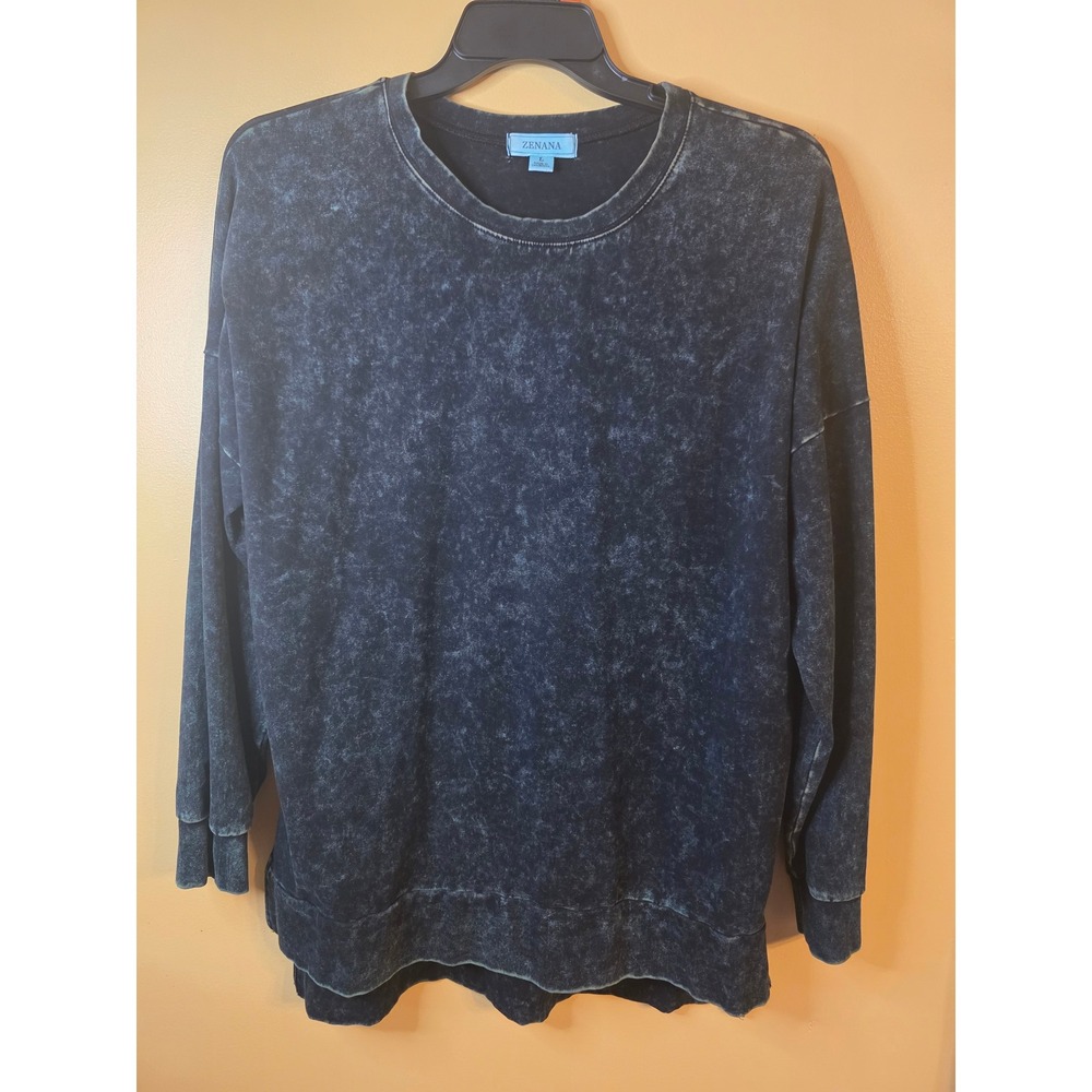 Zenana Acid Wash Sweatshirt Womens Large Charcoal Grey Mineral Wash Pullover L